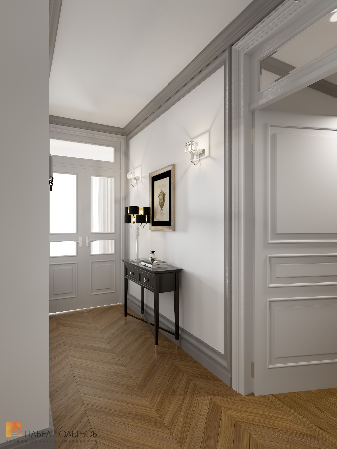 Фото дизайн коридора из проекта «Интерьер квартиры в стиле неоклассики, ЖК «Парадный квартал», 190 кв.м.»