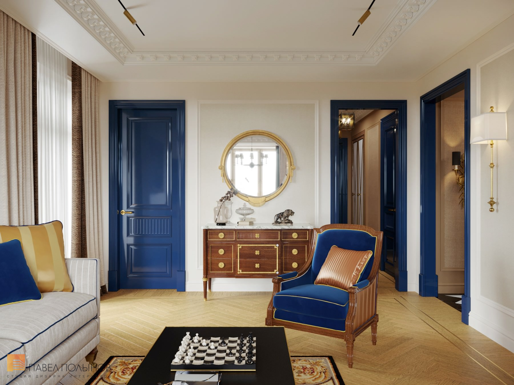 Фото дизайн гостиной - столовой из проекта «Интерьер квартиры в стиле английской классики, ЖК «Патриот», 124 кв.м.»