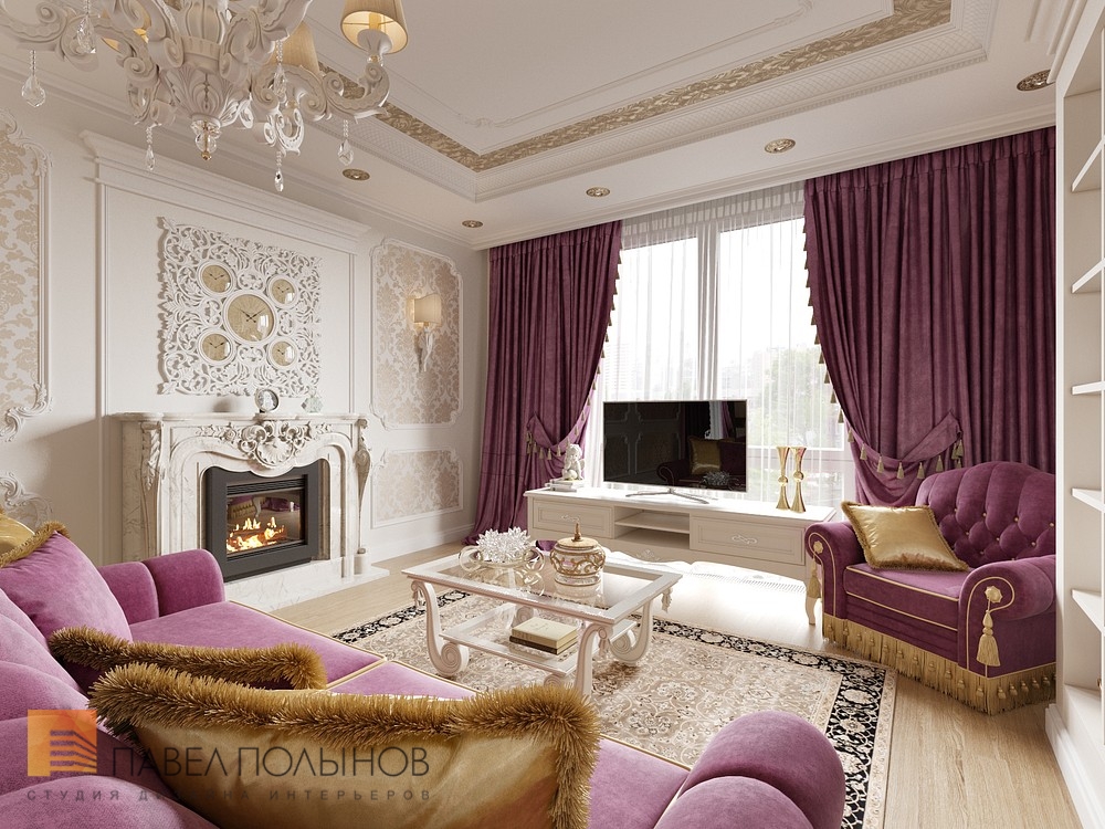 Фото дизайн гостиной из проекта «Интерьер двухкомнатной квартиры в классическом стиле, ЖК «Смольный Парк», 76 кв.м.»