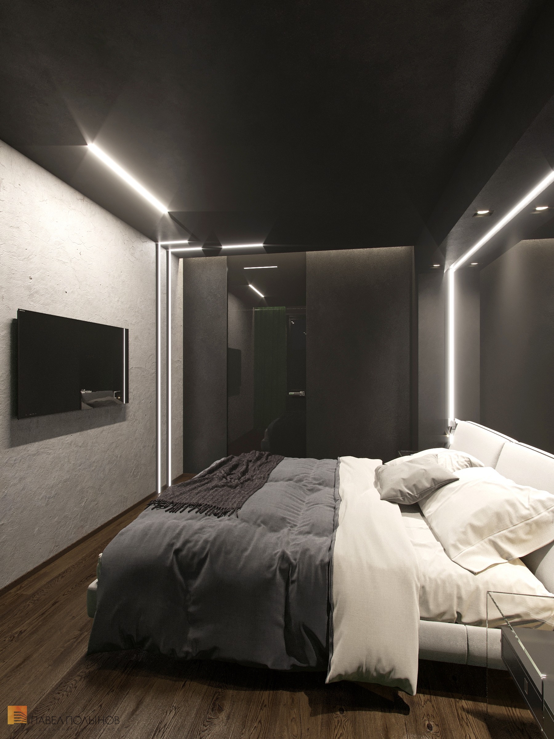 черный натяжной потолок в интерьере спальни