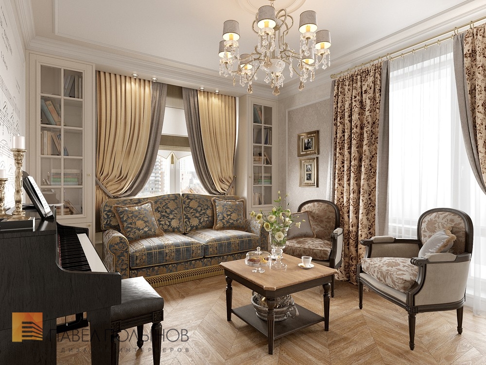 Фото гостиная с пианино из проекта «Интерьер квартиры в классическом стиле, ЖК «Новомосковский», 60 кв.м.»