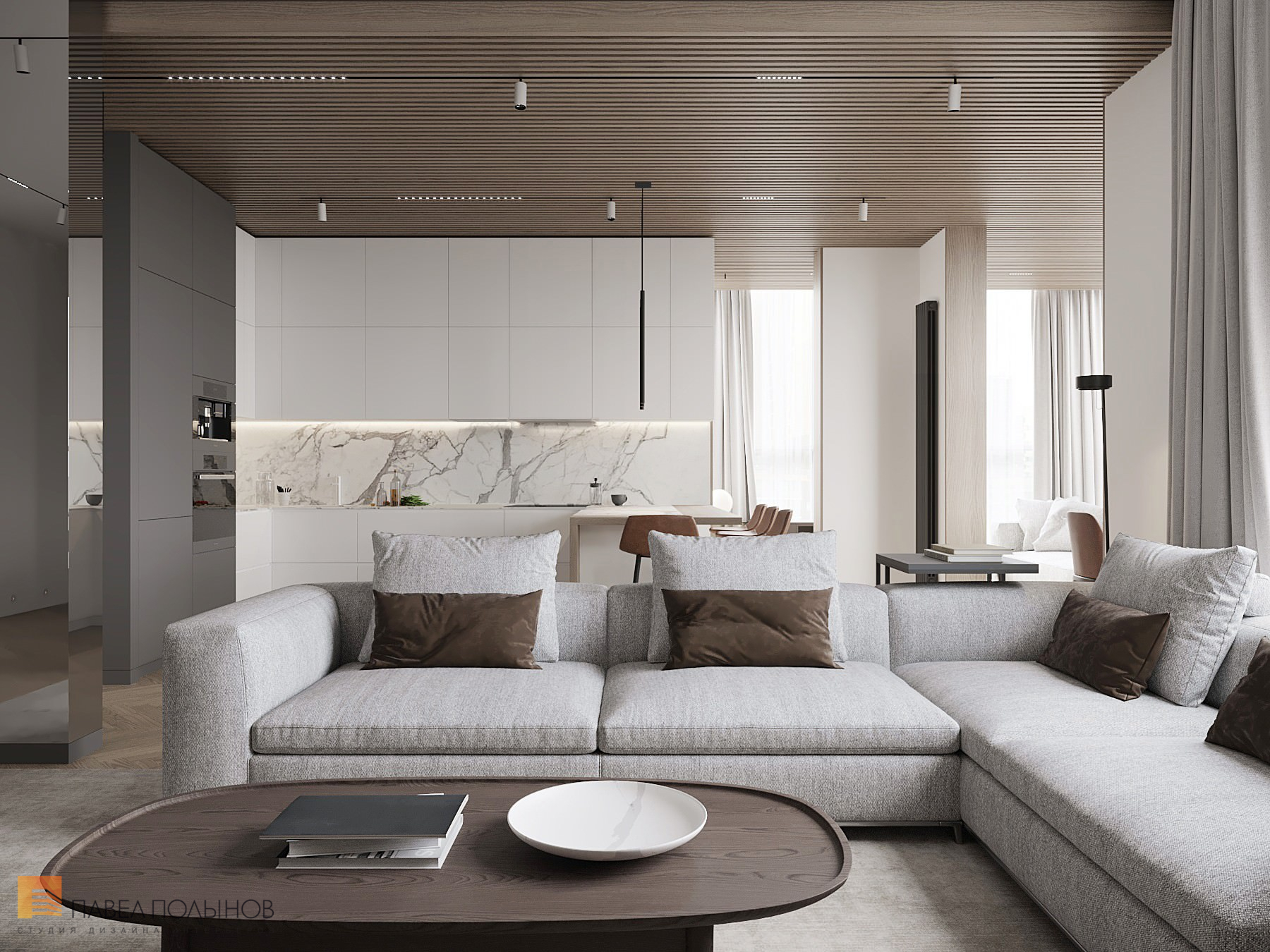Фото дизайн кухни-гостиной из проекта «Просторная квартира в современном стиле, ЖК «Duderhof Club», 146 кв.м.»