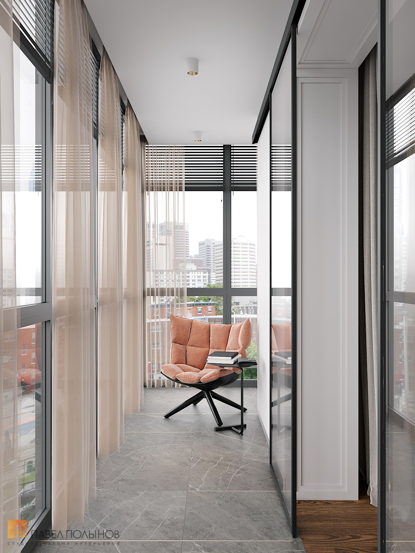 Фото дизайн балкона из проекта «Минимализм с элементами классики в ЖК «Жемчужный берег», 93 кв.м.»