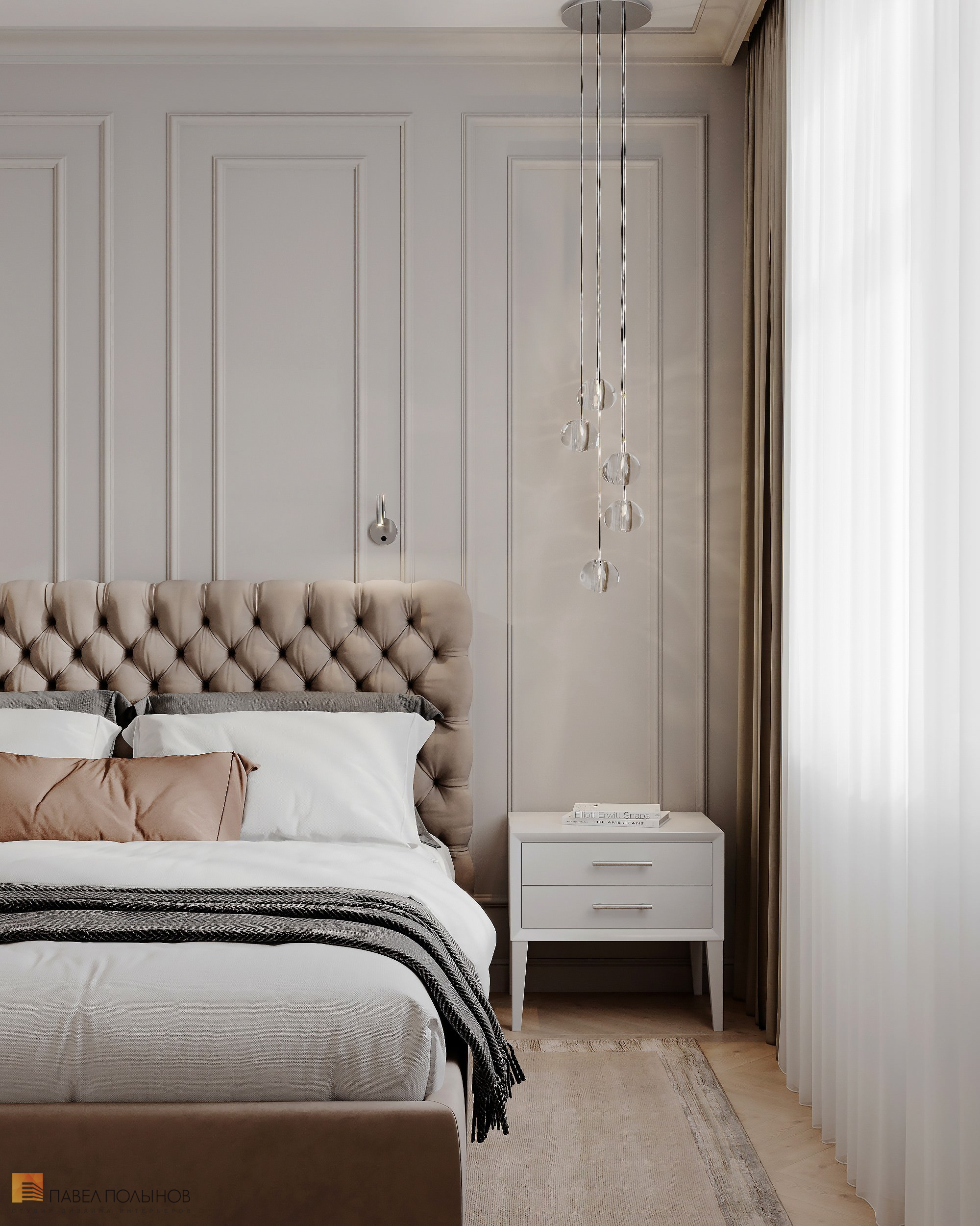 Фото дизайн интерьера спальни из проекта «Квартира в стиле неоклассики, ЖК «Алые Паруса», 124 кв.м.»