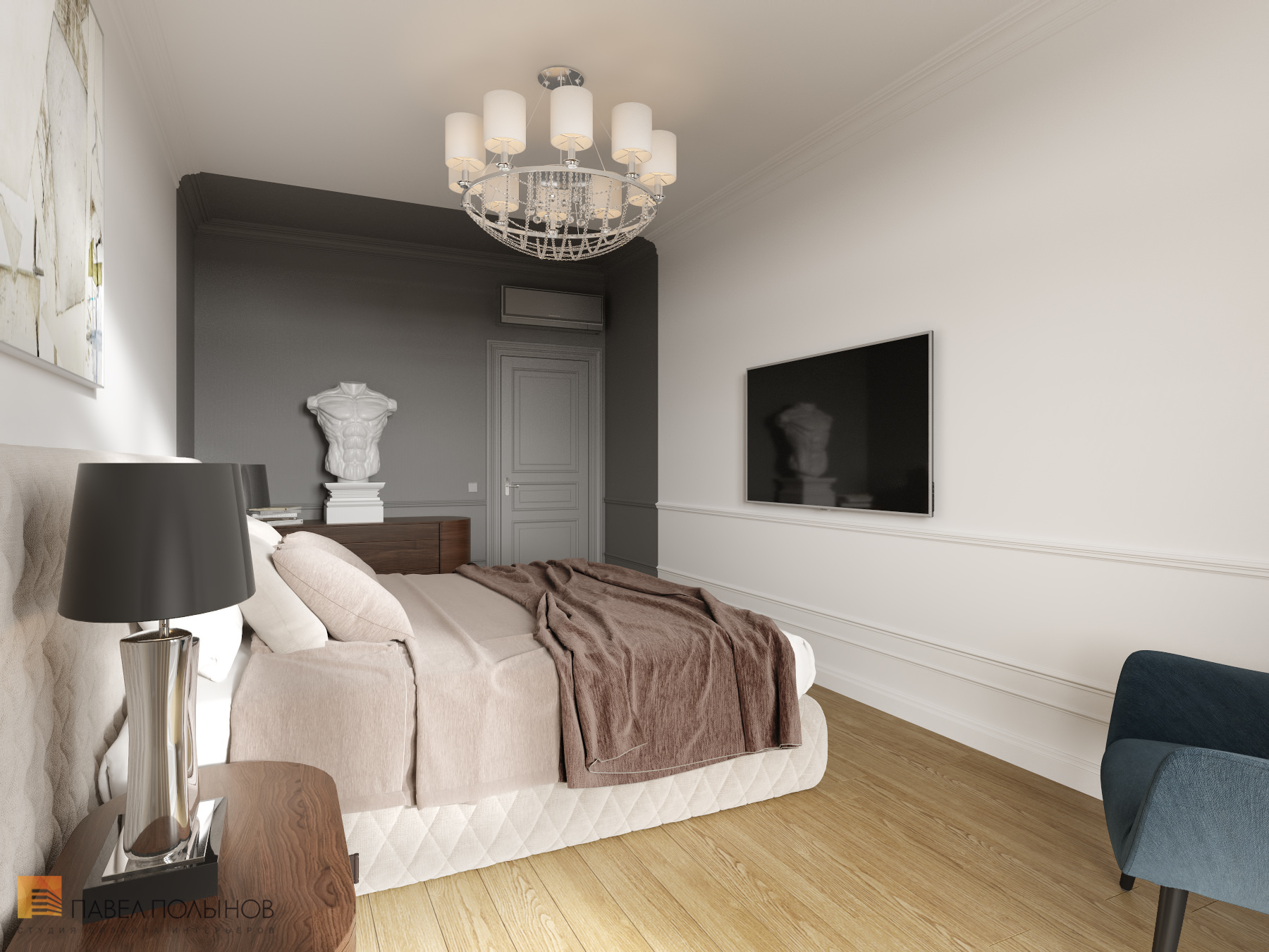 Фото дизайн интерьера спальни из проекта «Интерьер квартиры в стиле неоклассики, ЖК «Парадный квартал», 190 кв.м.»