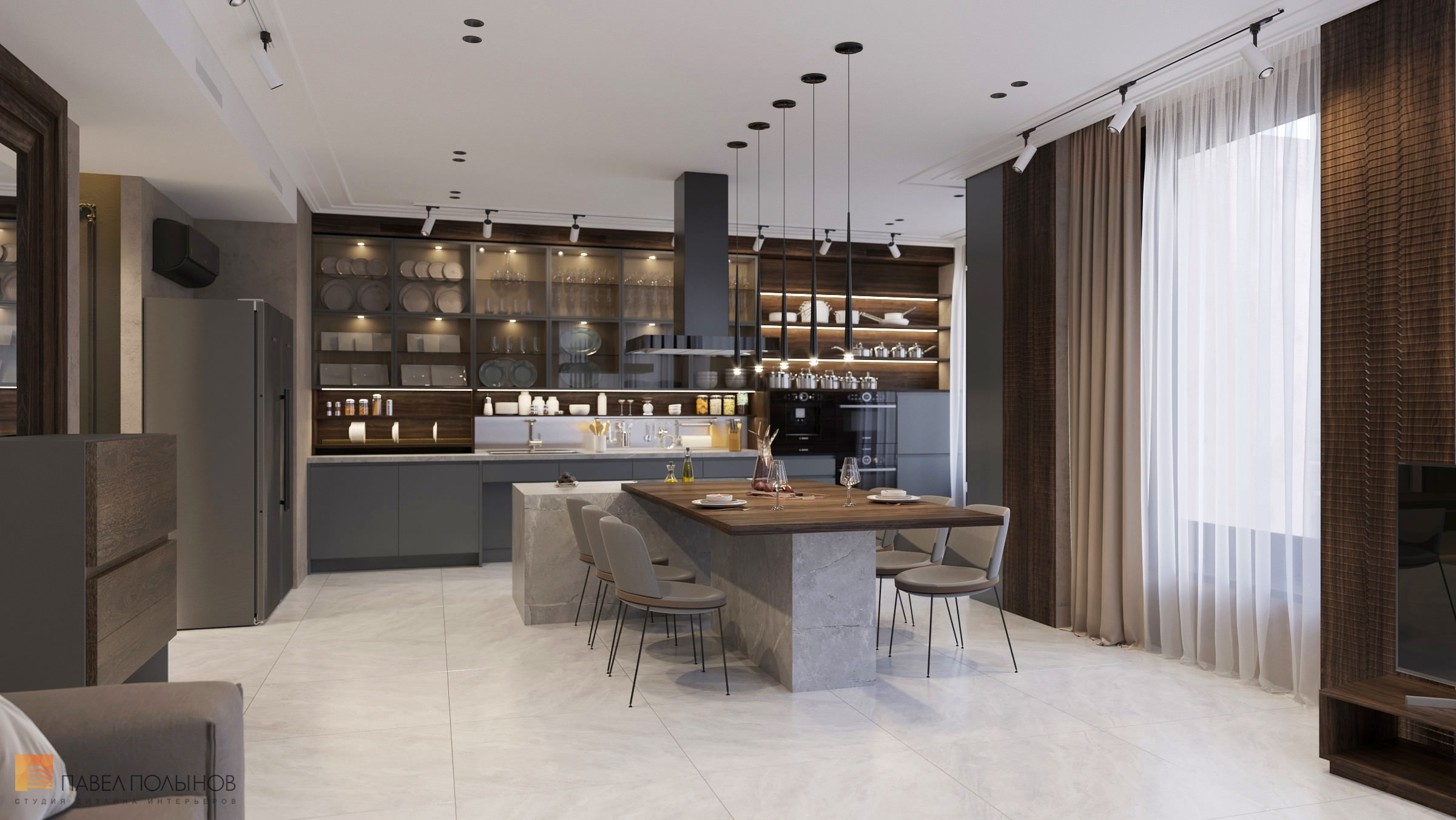 Фото интерьер кухни-гостиной из проекта «Квартира в современном стиле с элементами классики, ЖК «Граф Орлов», 142 кв.м.»