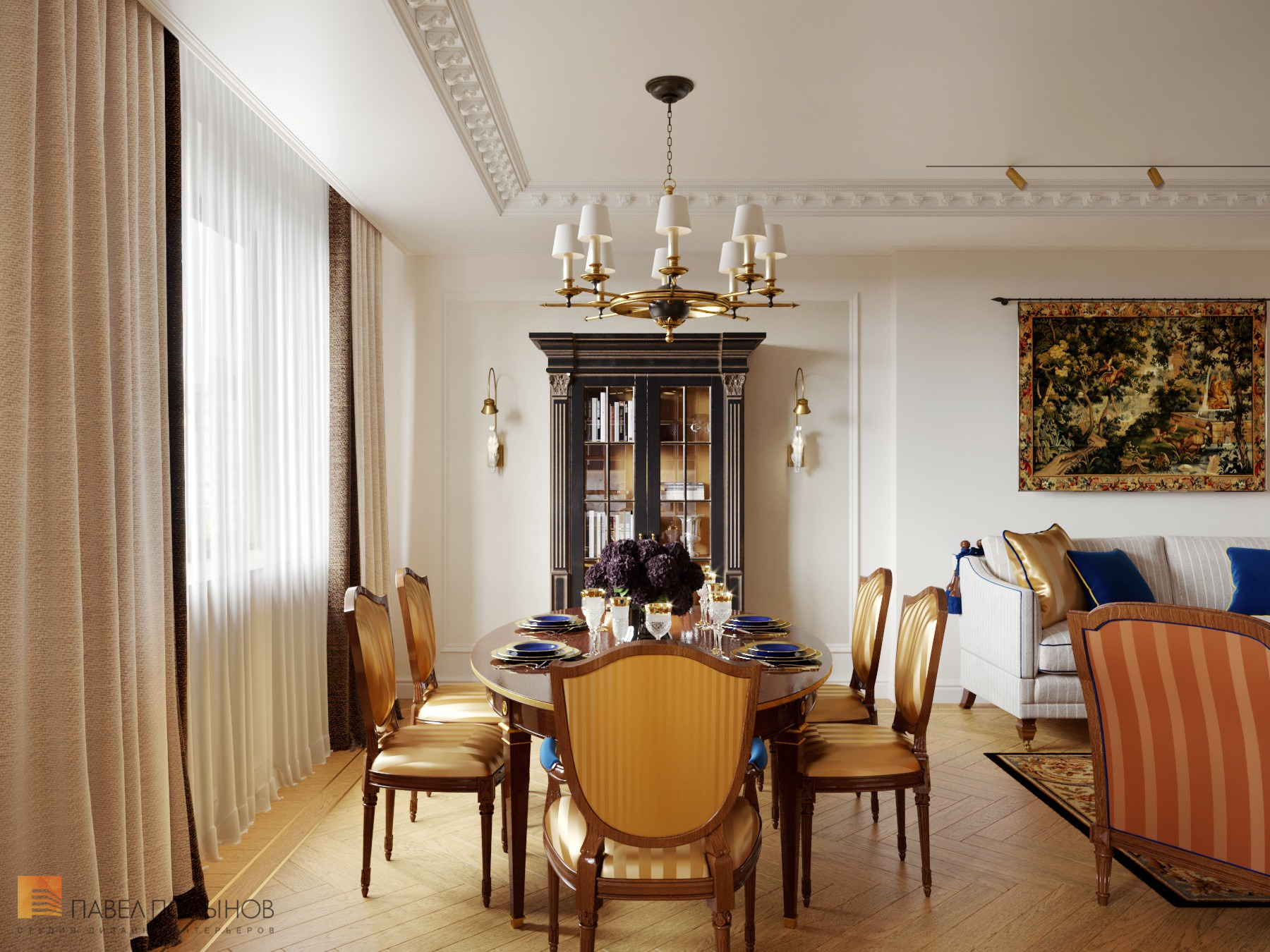 Фото дизайн интерьера гостиной - столовой из проекта «Интерьер квартиры в стиле английской классики, ЖК «Патриот», 124 кв.м.»