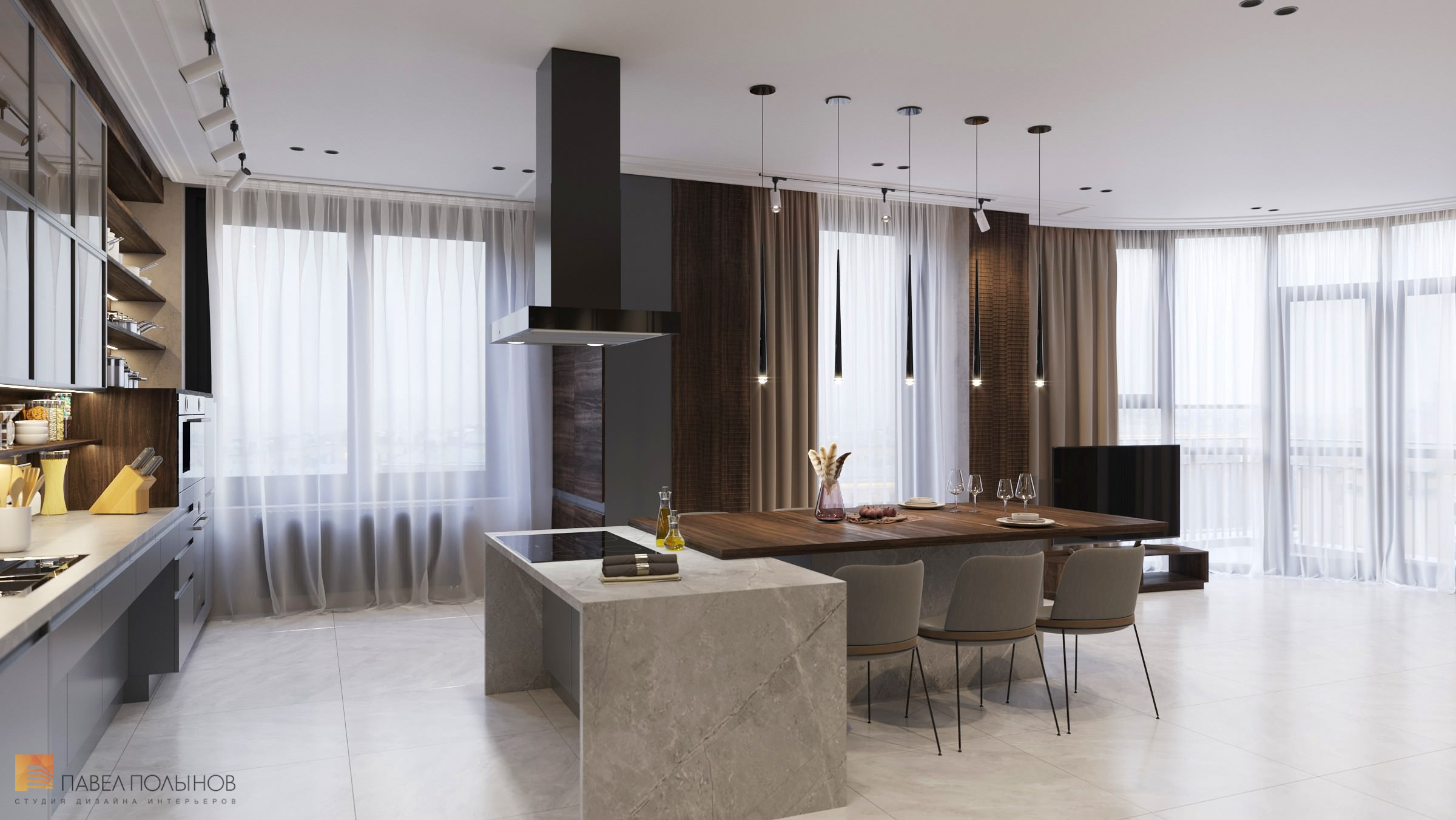 Фото дизайн интерьера кухни-гостиной из проекта «Квартира в современном стиле с элементами классики, ЖК «Граф Орлов», 142 кв.м.»