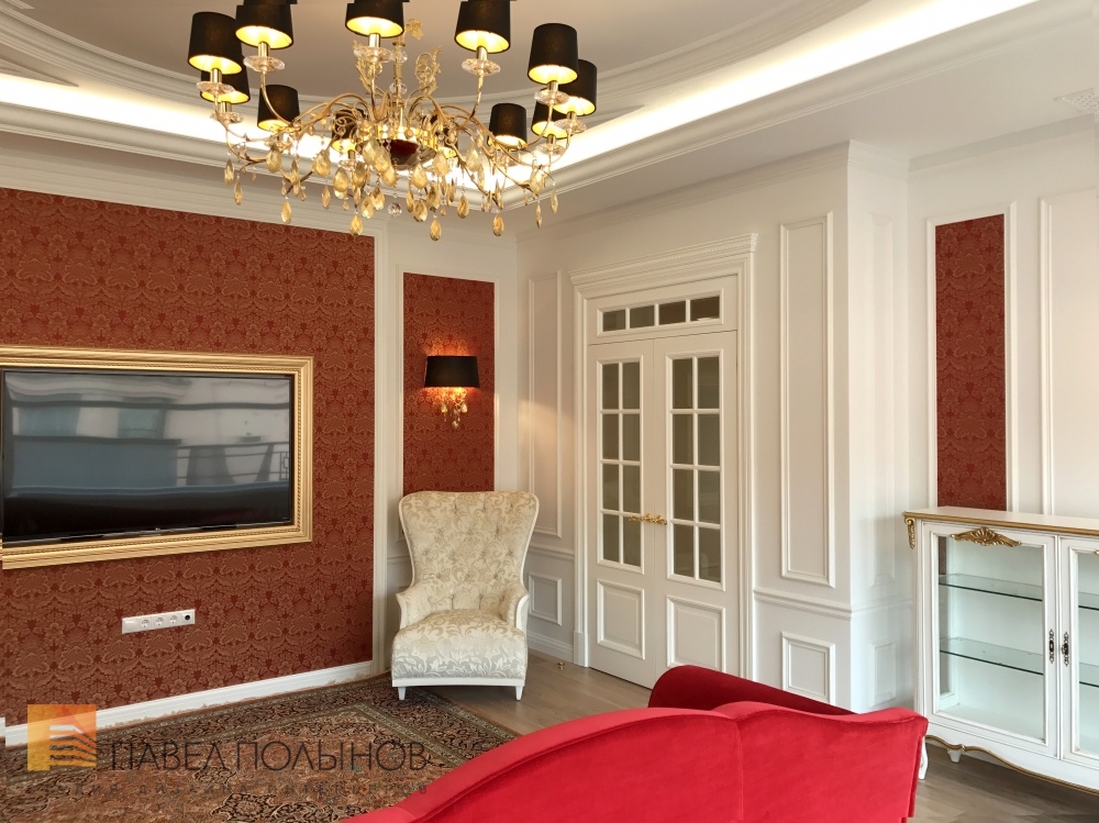 Фото отделка гостиной из проекта «Ремонт четырехкомнатной квартиры в классическом стиле, ЖК «Парадный квартал», 169 кв.м.»