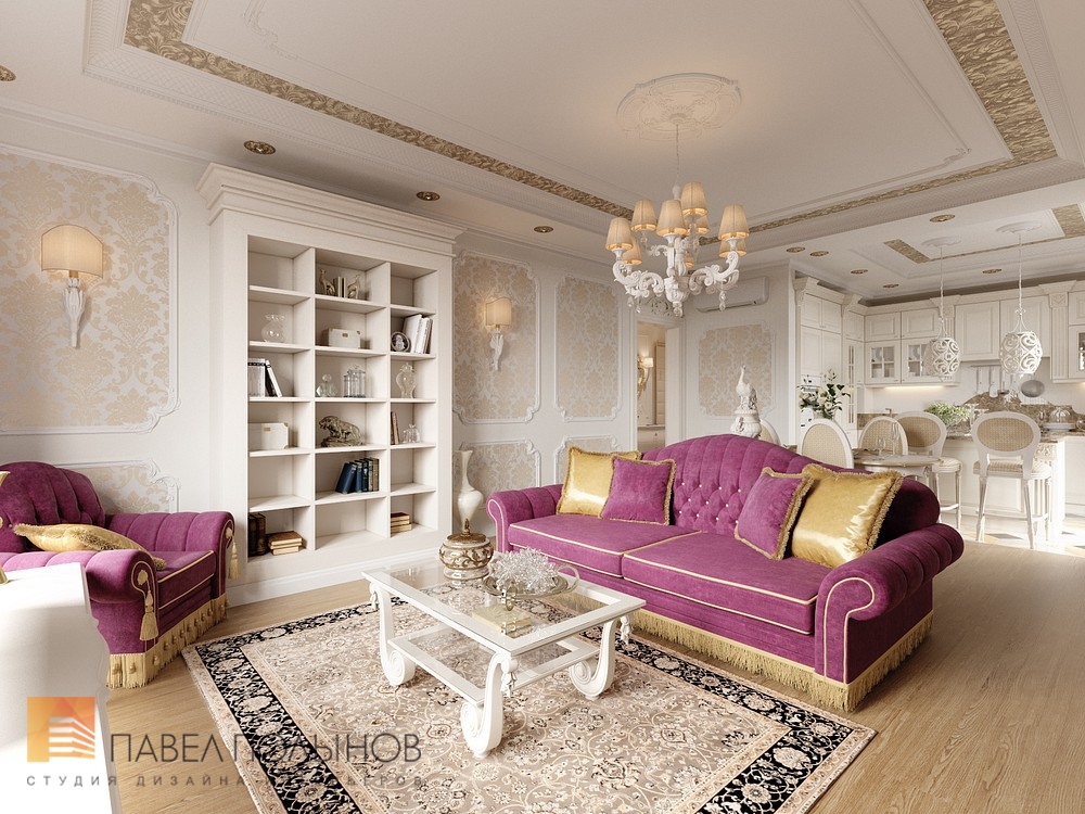 Фото дизайн интерьера гостиной из проекта «Интерьер двухкомнатной квартиры в классическом стиле, ЖК «Смольный Парк», 76 кв.м.»