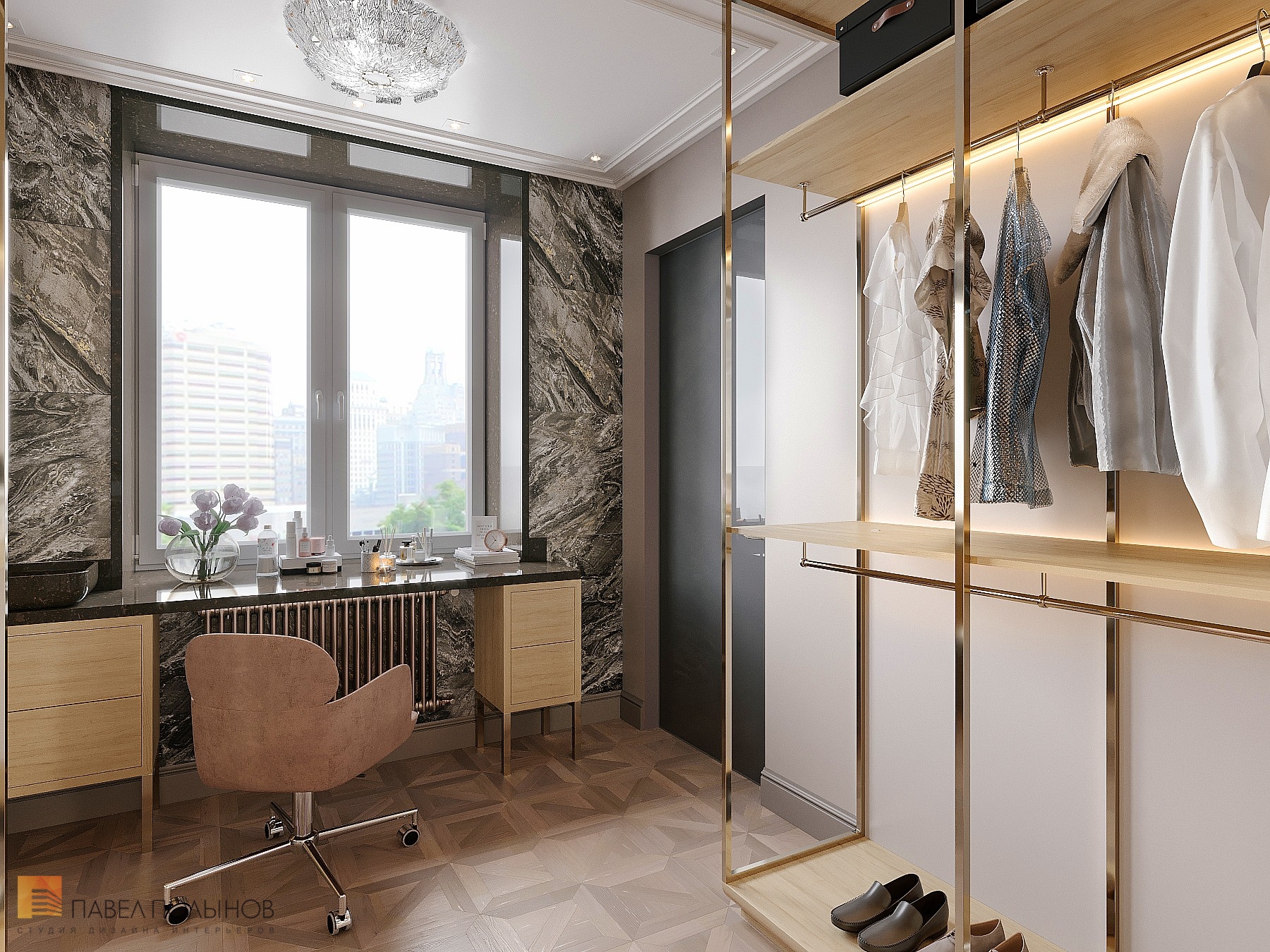 Фото дизайн гардеробной из проекта «Интерьер квартиры в современной классике, 122 кв.м.»