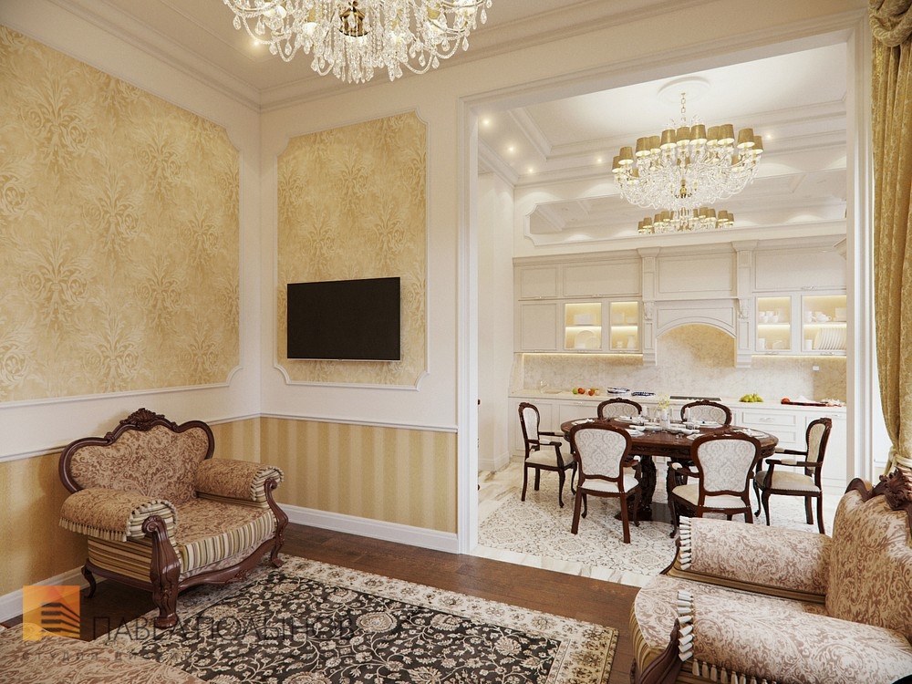 Фото дизайн интерьера гостиной из проекта «Трехкомнатная квартира в классическом стиле, ЖК «Жемчужный фрегат», 110 кв.м. »