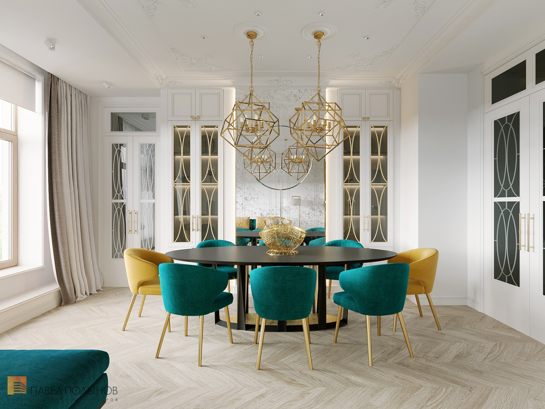 Фото зона столовой в гостиной из проекта «Квартира в стиле неоклассики с элементами ар-деко, ЖК «Смольный Проспект», 177»