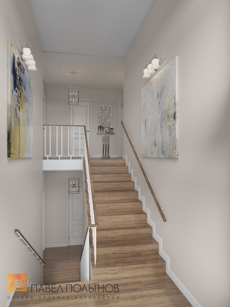 Фото интерьер лестничного холла из проекта «Интерьер загородного дома в стиле американской неоклассики, п. Токсово, 215 кв.м.»
