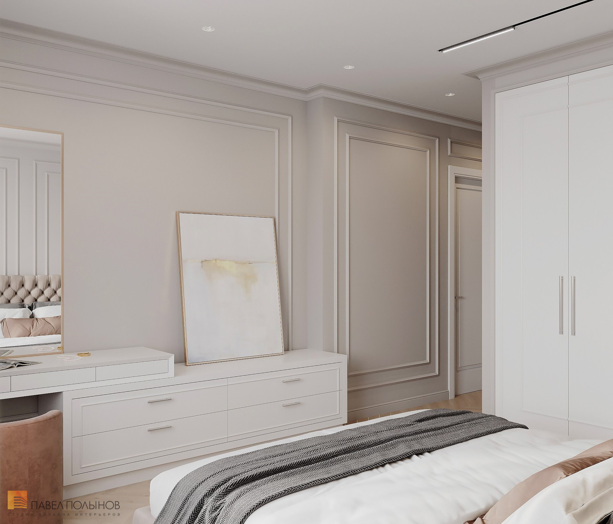 Фото дизайн интерьера спальни из проекта «Квартира в стиле неоклассики, ЖК «Алые Паруса», 124 кв.м.»
