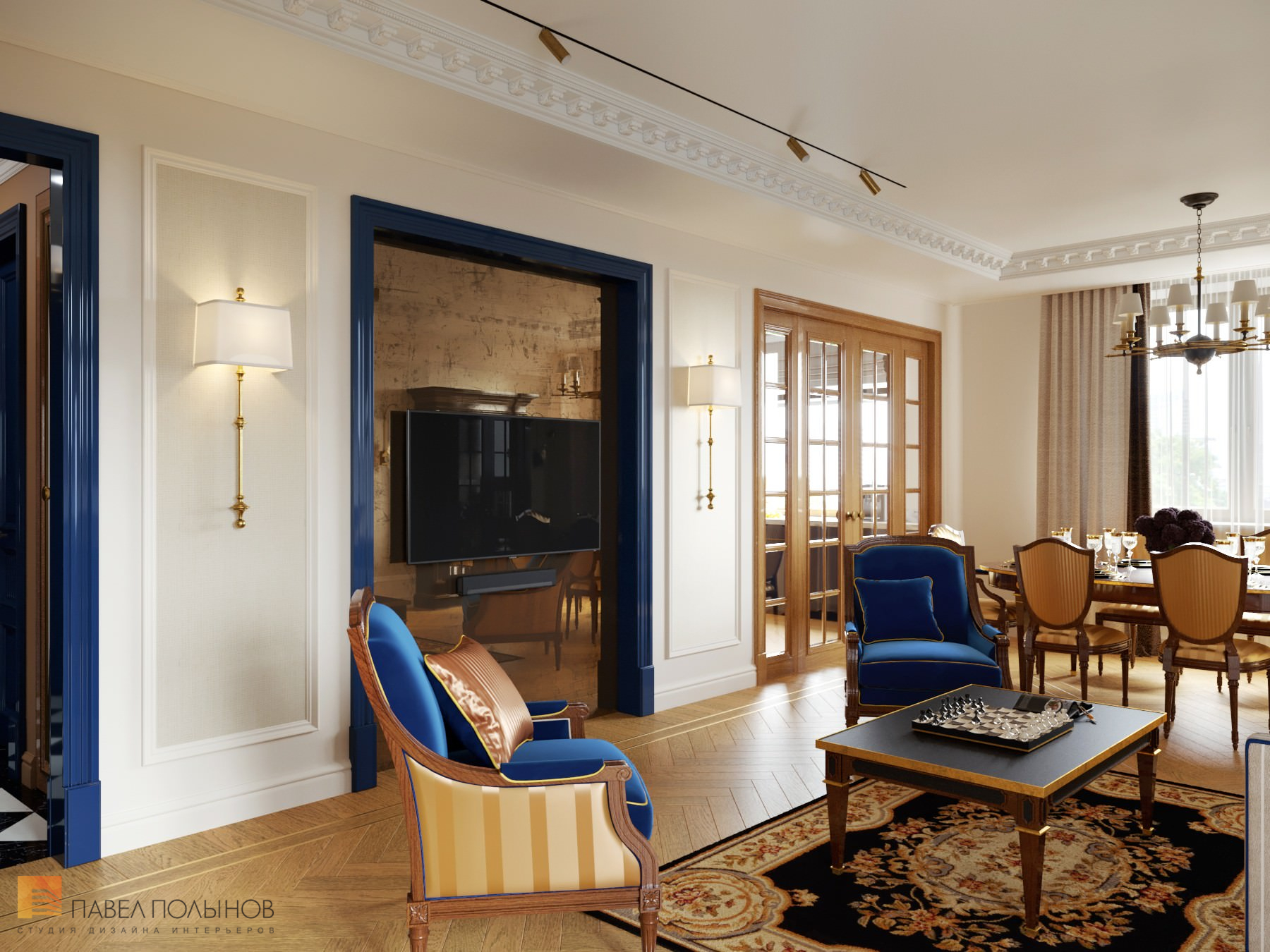 Фото гостиная - столовая из проекта «Интерьер квартиры в стиле английской классики, ЖК «Патриот», 124 кв.м.»