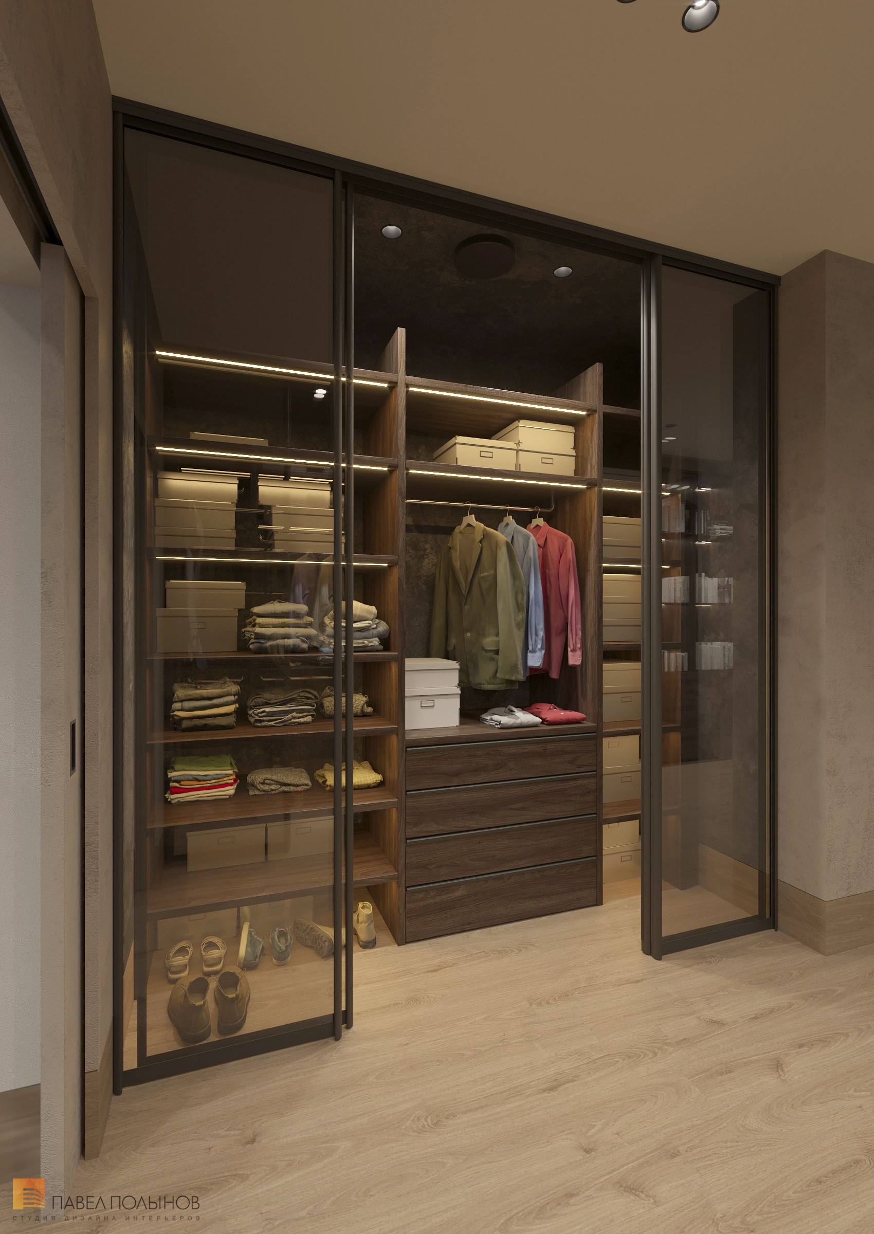 Фото дизайн гардеробной из проекта «Квартира в современном стиле с элементами классики, ЖК «Граф Орлов», 142 кв.м.»