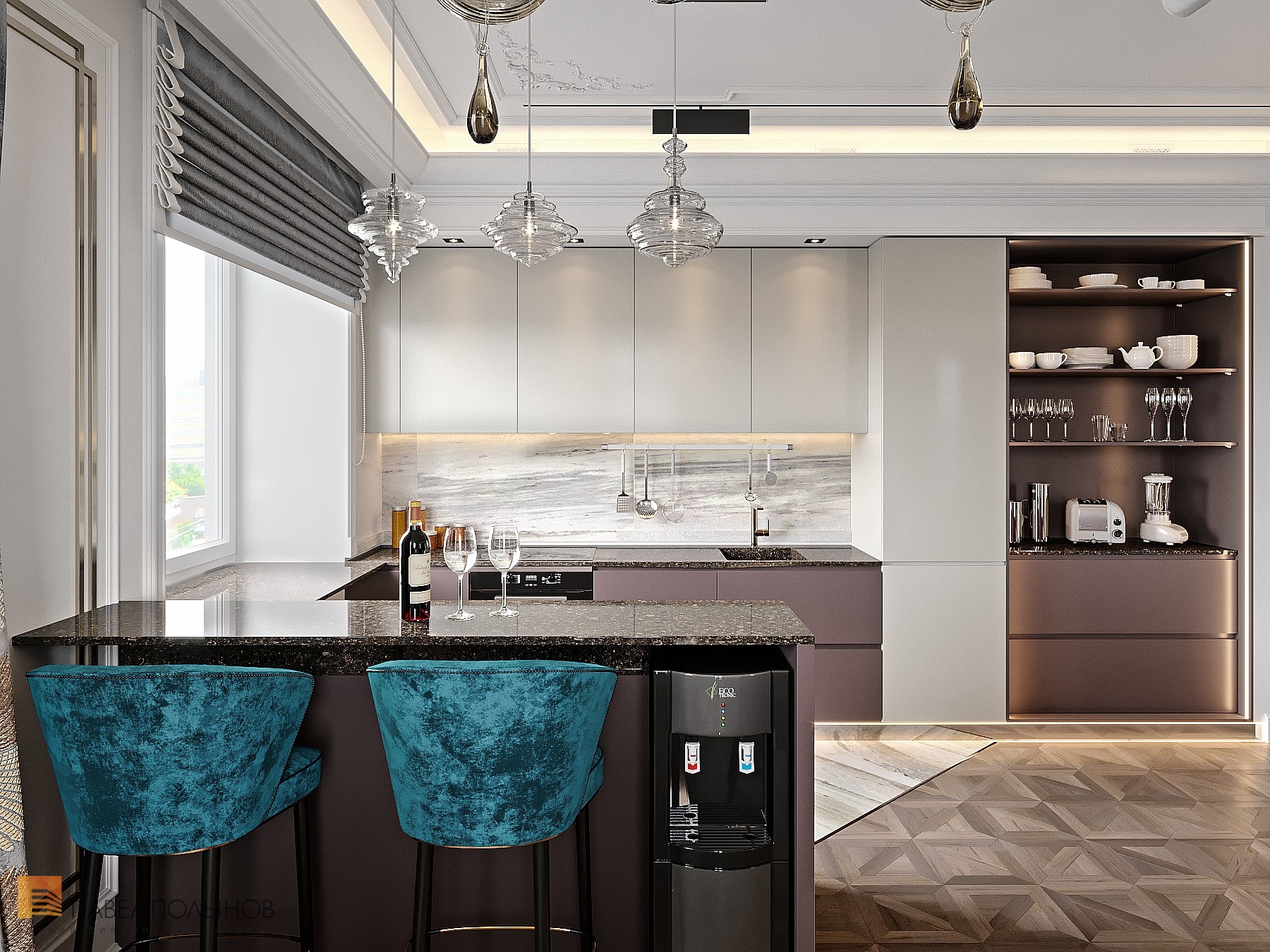 Фото дизайн кухни-гостиной из проекта «Интерьер квартиры в современной классике, 122 кв.м.»