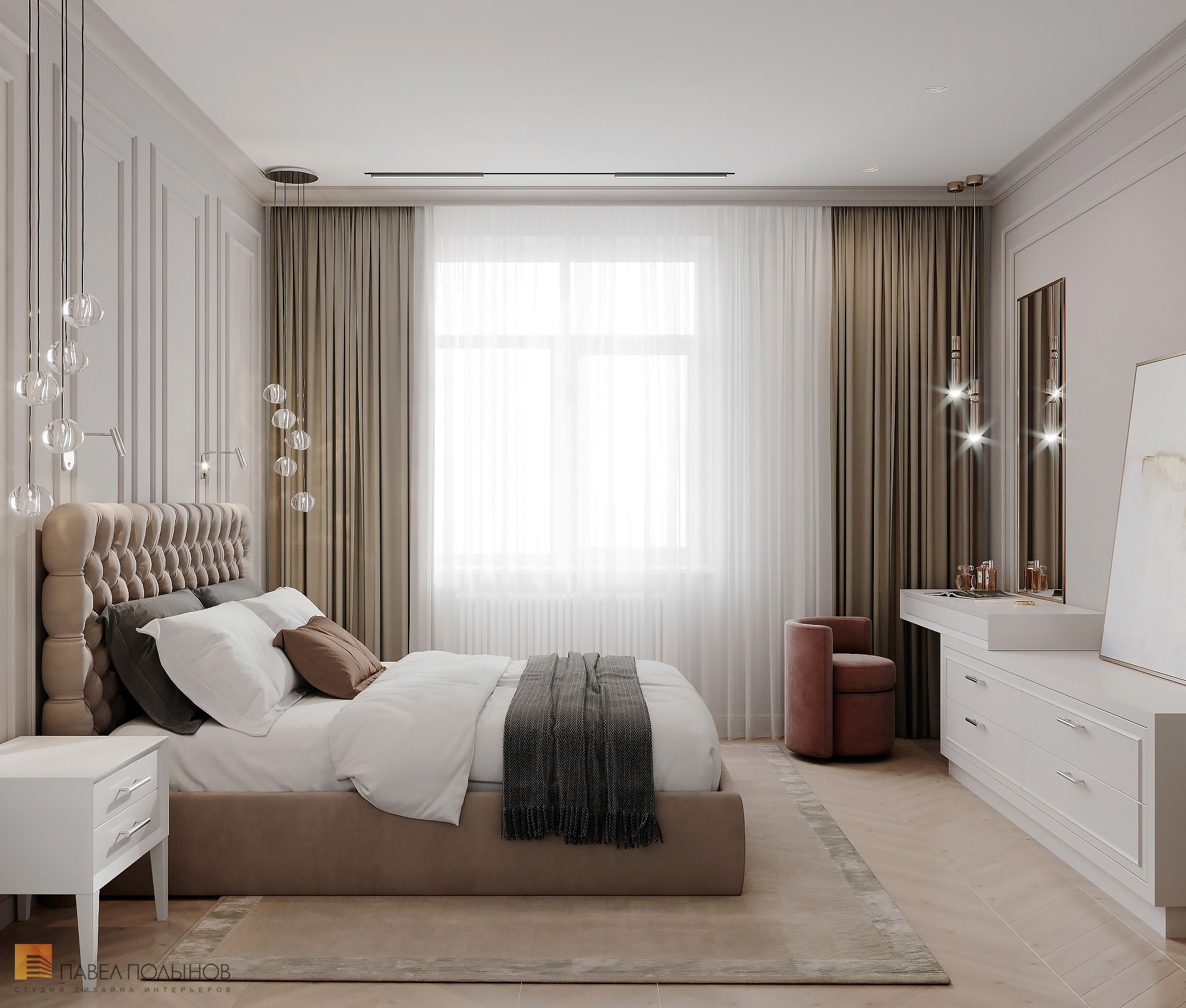 Фото дизайн спальни из проекта «Квартира в стиле неоклассики, ЖК «Алые Паруса», 124 кв.м.»