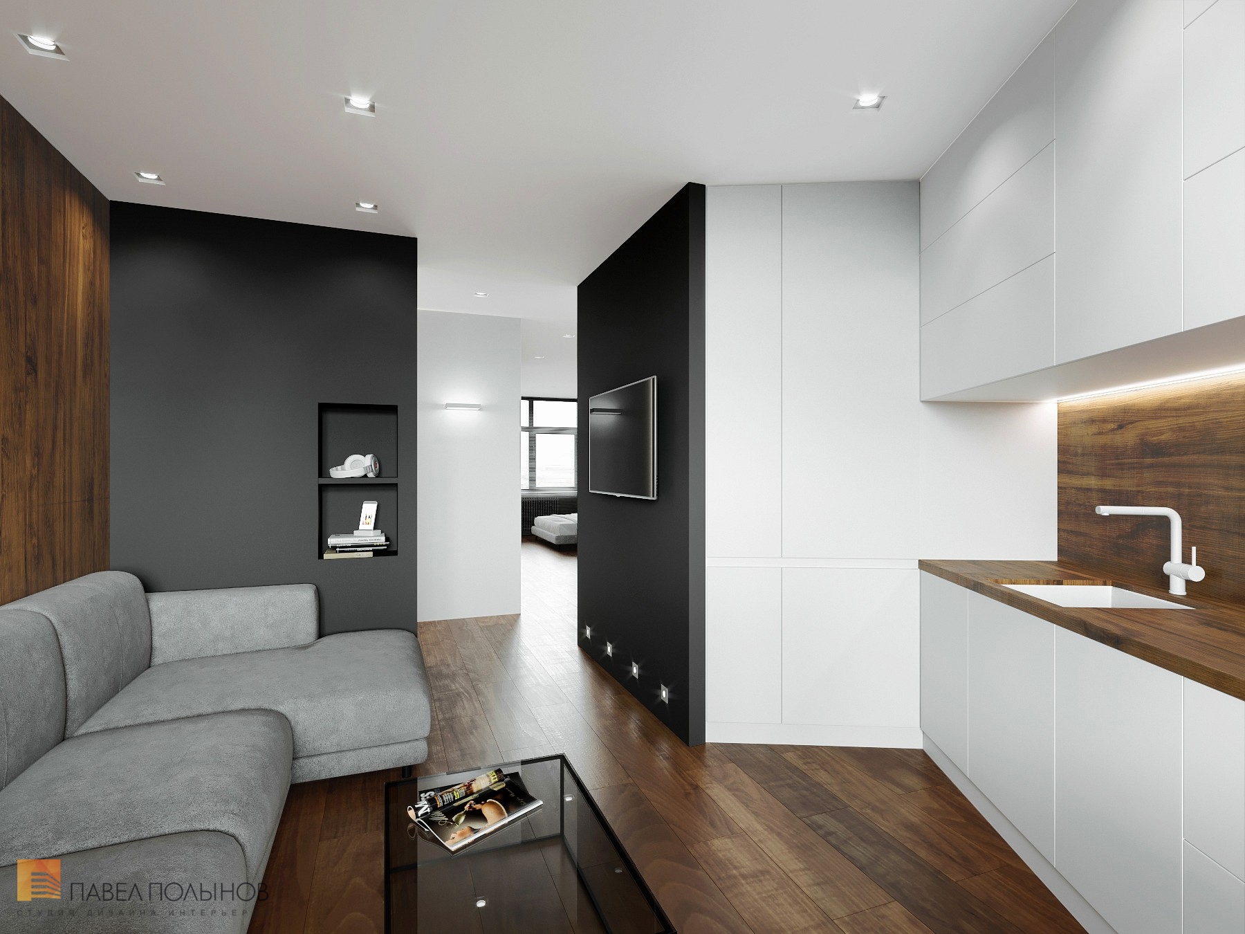 Фото интерьер кухни-гостиной из проекта «Квартира в стиле минимализм в ЖК «Елагин Апарт», 40 кв.м.»