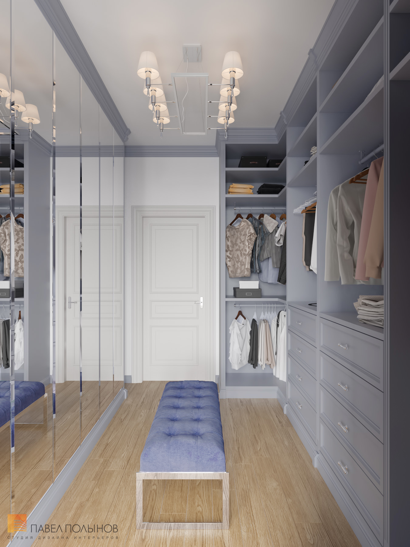 Фото дизайн гардеробной комнаты из проекта «Интерьер квартиры в стиле неоклассики, ЖК «Парадный квартал», 190 кв.м.»
