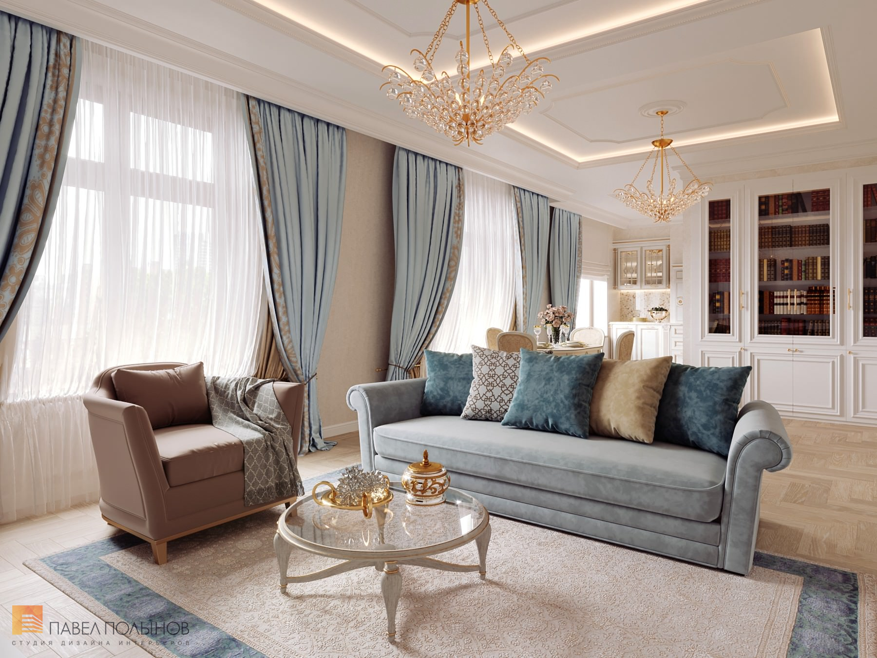 Фото дизайн интерьера гостиной из проекта «Квартира в классическом стиле в ЖК «Русский дом», 144 кв.м.»
