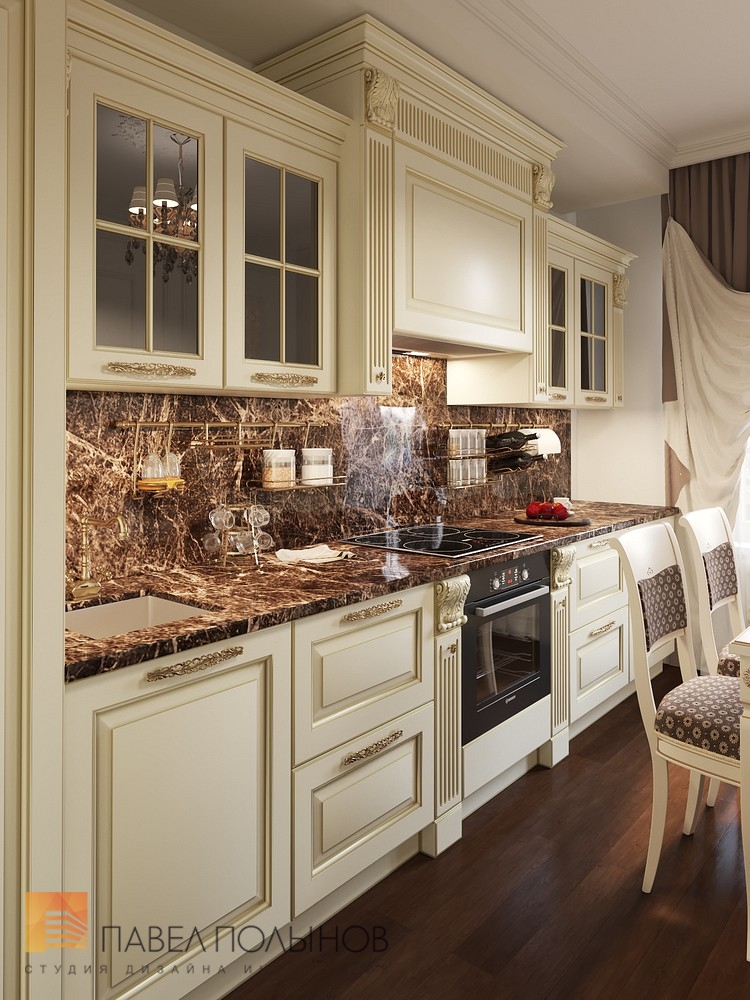 Фото дизайн интерьера кухни в классическом стиле из проекта «Интерьер четырехкомнатной квартиры в классическом стиле, ЖК «Дом-Мегалит на Неве», 117 кв.м.»