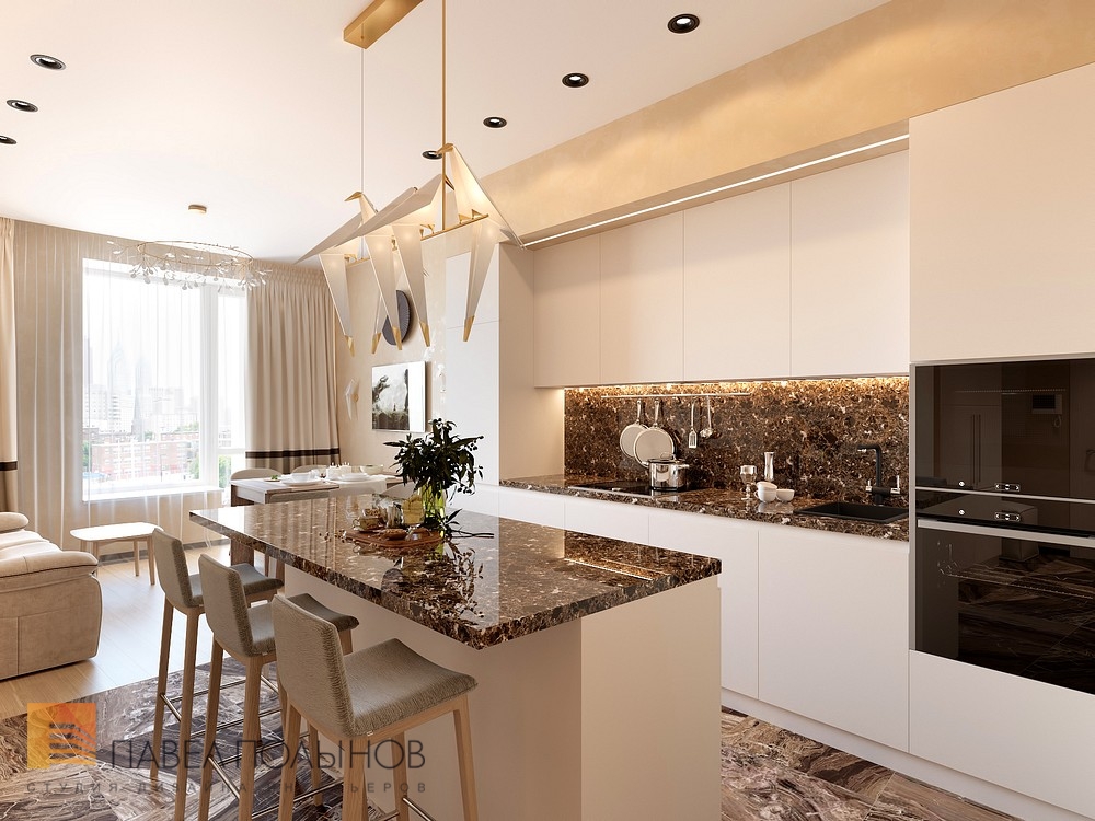 Фото кухня-гостиная из проекта «Дизайн проект 1-комнатной квартиры 70 кв.м. в ЖК «Риверсайд», современный стиль»