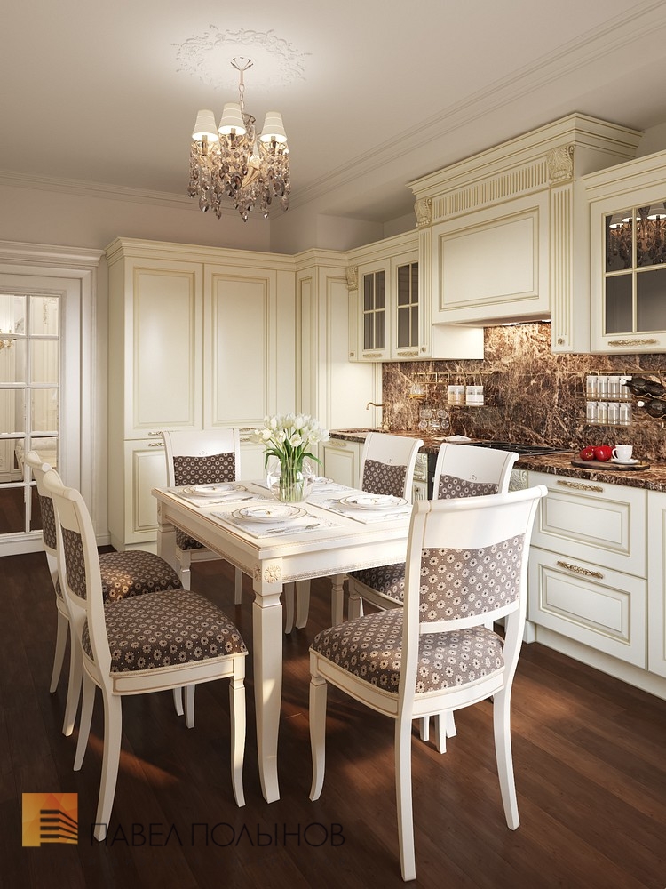 Фото интерьер кухни в классическом стиле из проекта «Интерьер четырехкомнатной квартиры в классическом стиле, ЖК «Дом-Мегалит на Неве», 117 кв.м.»