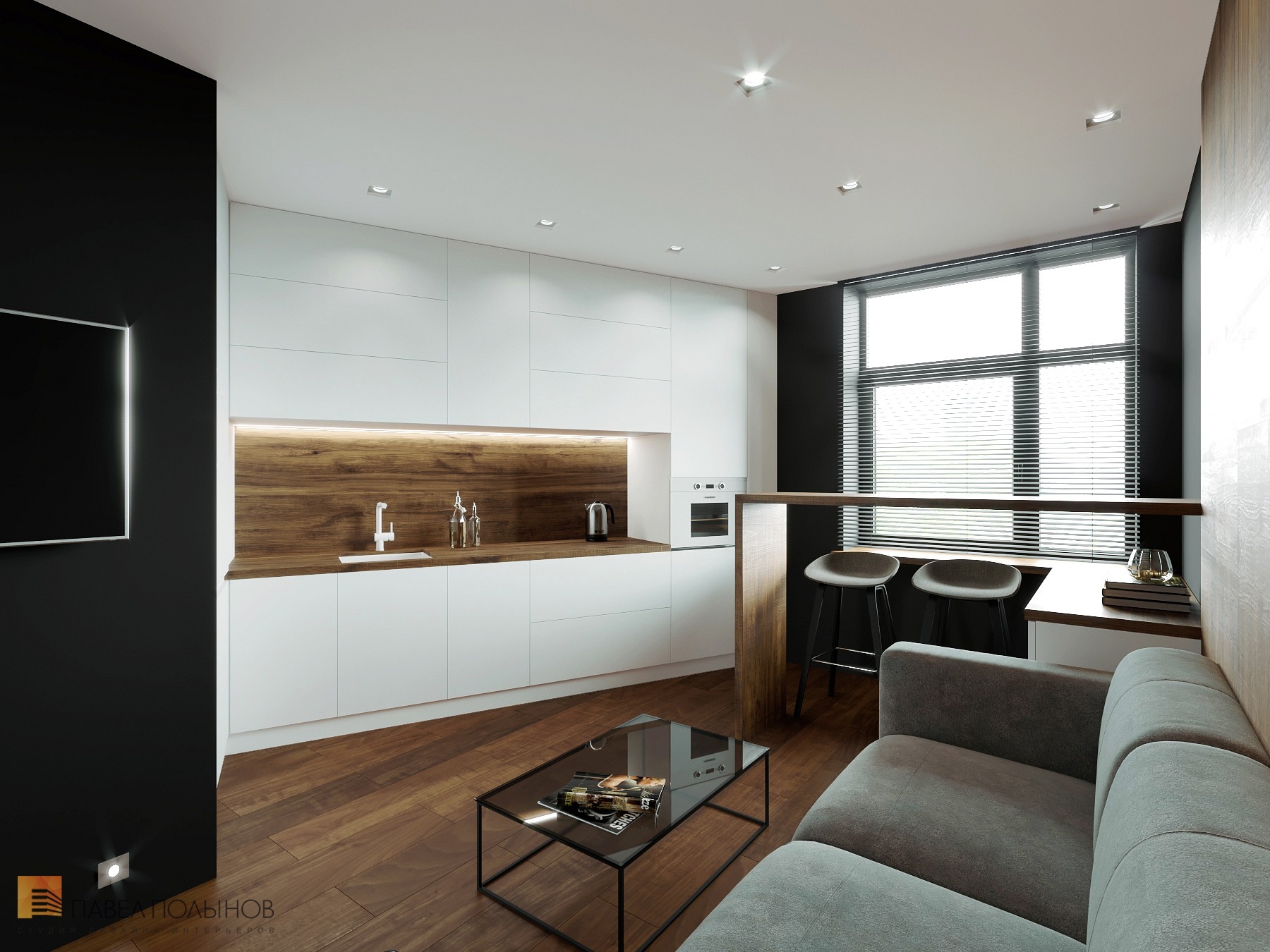 Фото кухня-гостиная из проекта «Квартира в стиле минимализм в ЖК «Елагин Апарт», 40 кв.м.»