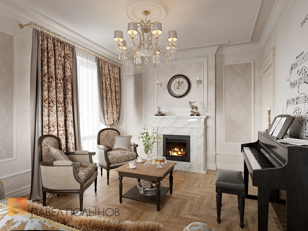 Фото интерьер гостиной с камином из проекта «Интерьер квартиры в классическом стиле, ЖК «Новомосковский», 60 кв.м.»