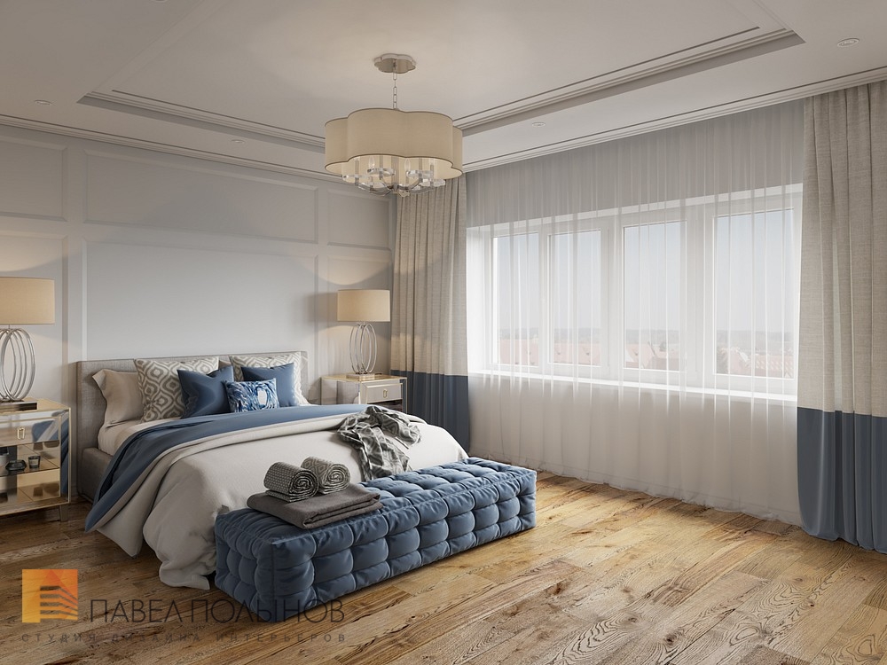 Фото дизайн интерьера спальни из проекта «Интерьер загородного дома в стиле американской неоклассики, п. Токсово, 215 кв.м.»