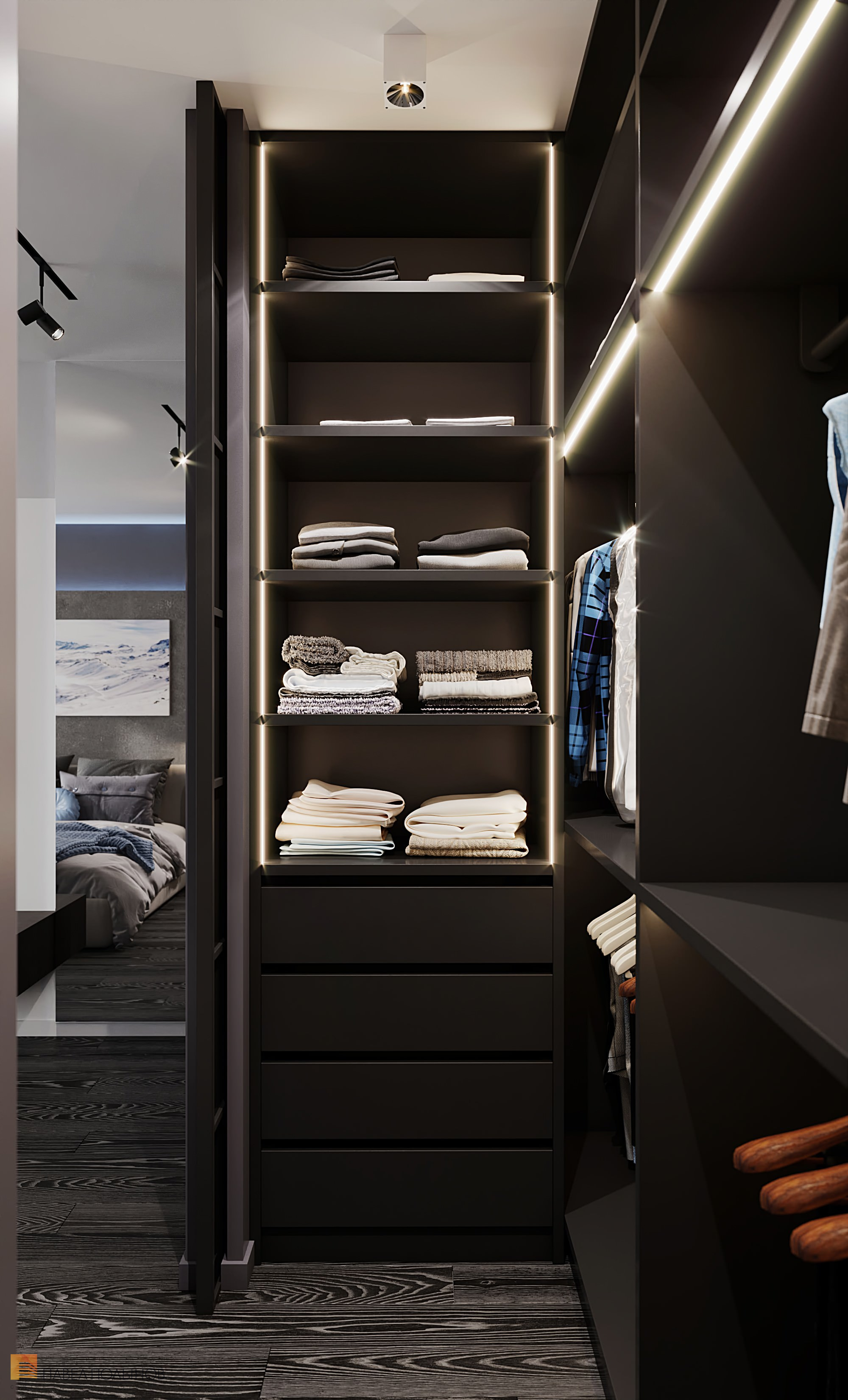 Фото дизайн гардеробной в спальне из проекта «Интерьер квартиры в современном стиле, ЖК «Остров», 90 кв.м.»