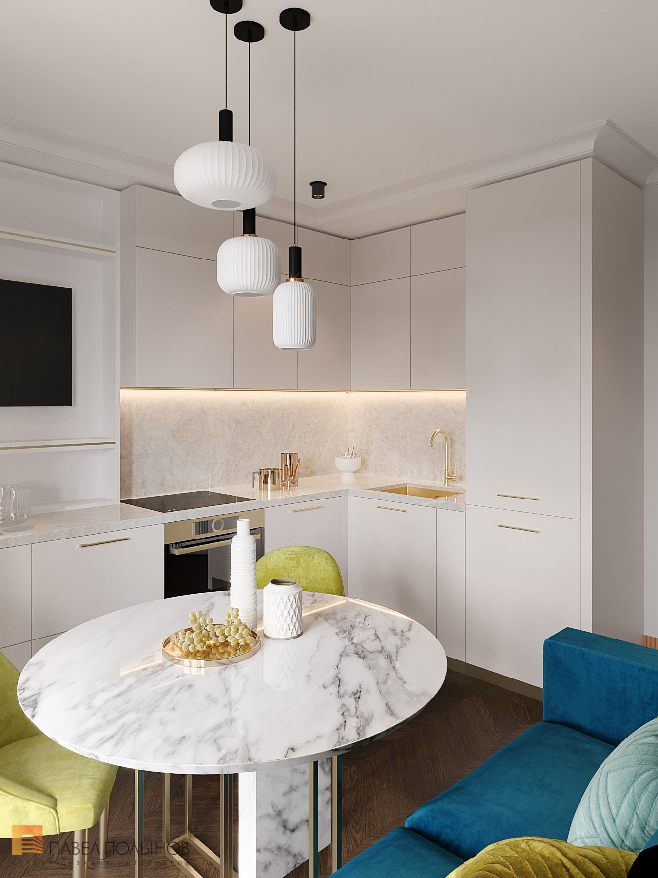Фото дизайн интерьера кухни-гостиной из проекта «Квартира в ЖК «Золотое Сечение», современная классика»