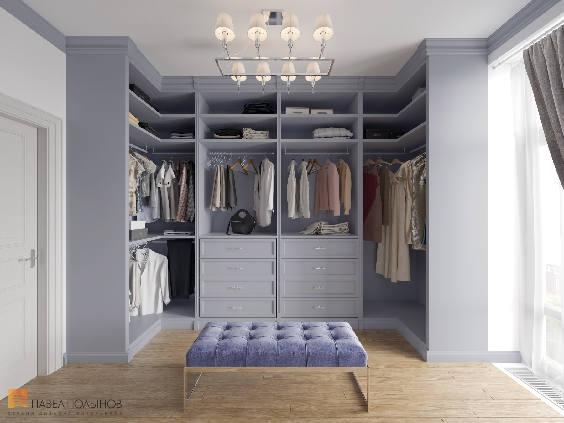 Фото дизайн интерьера гардеробной комнаты из проекта «Интерьер квартиры в стиле неоклассики, ЖК «Парадный квартал», 190 кв.м.»