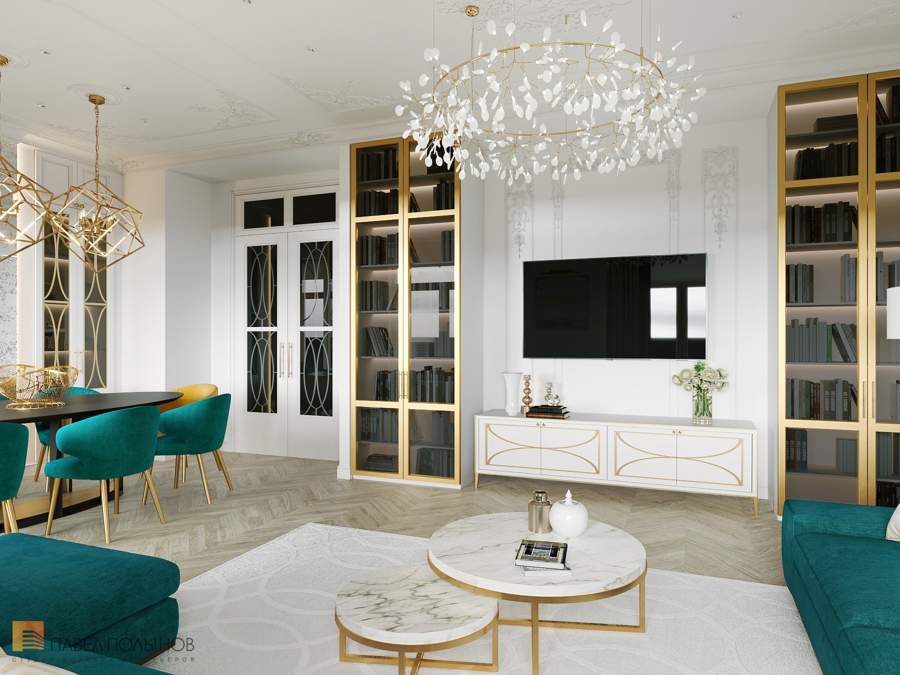 Фото дизайн гостиной из проекта «Квартира в стиле неоклассики с элементами ар-деко, ЖК «Смольный Проспект», 177»