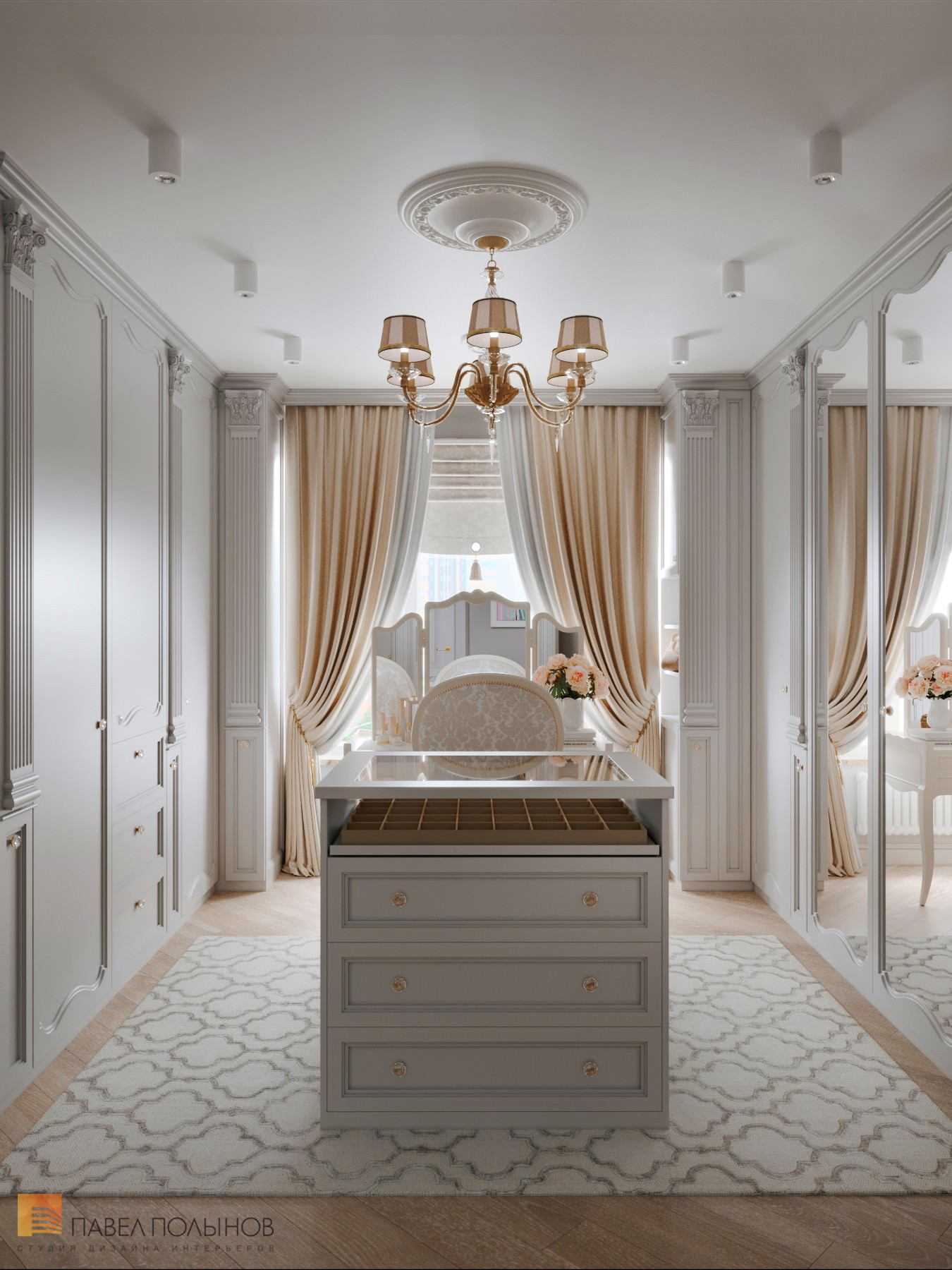 Фото гардеробная комната из проекта «Дизайн квартиры в стиле современной классики, ЖК «Riverside», 180 кв.м.»