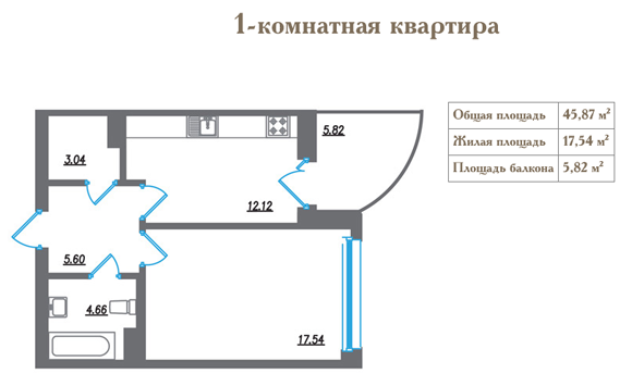 Планировка 1 комнатной квартиры ЖК Гранд Фамилия 
